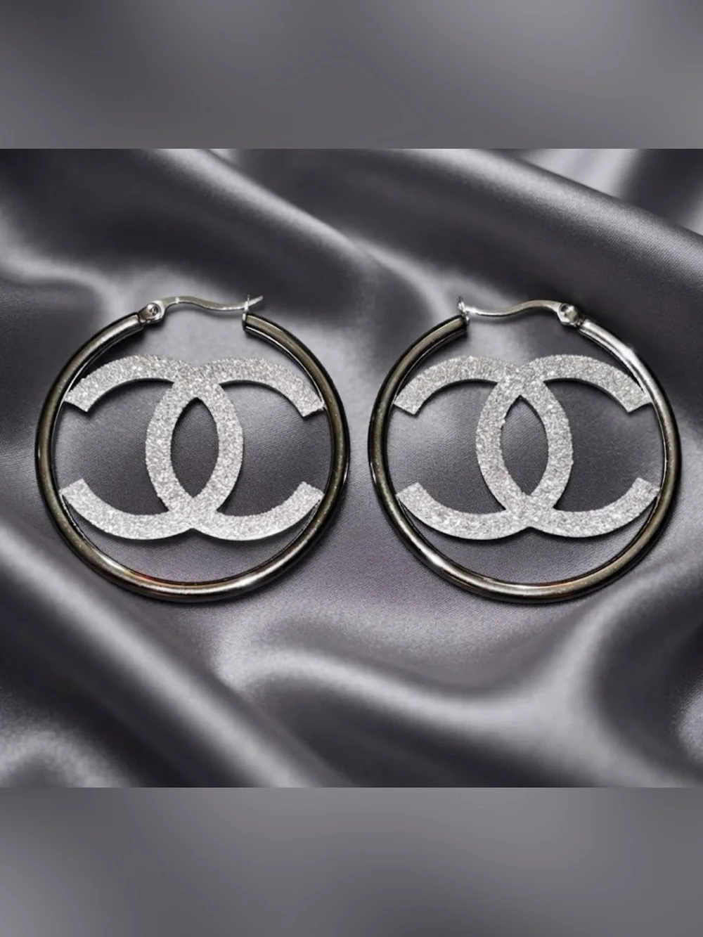 Fashion Jewelry Silver Glitter Interlocking Logo Hoop Earrings - Women Jewelry